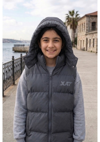 Pina Kids Unisex Çıtçıt Kapüşonlu Baskılı Şişme Yelek Füme