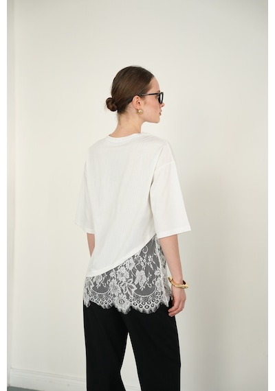 Verymoda D 2985 Dantel Detaylı Çizgili T Shırt D2985 Krem