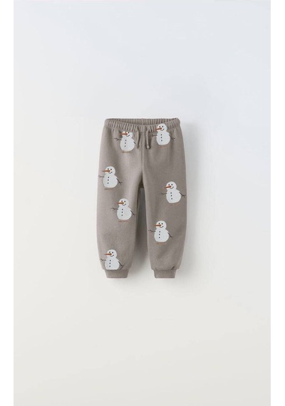 Kardan Adam Desenli Pamuklu Sweatshirt Jogger Eşofman Alt-üst Takım Açık Gri