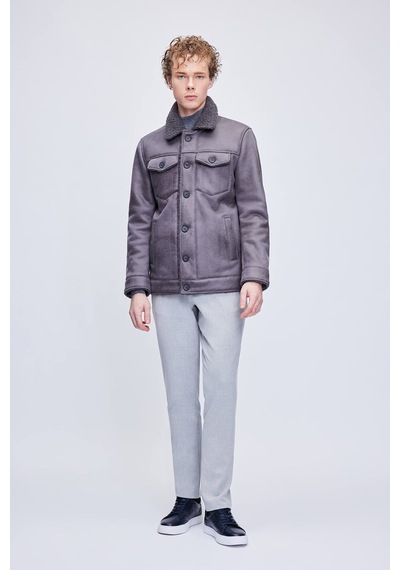 Hatemoğlu Gri Slim Fit Bebe Yaka Deri Mont
