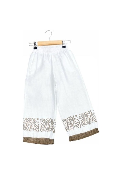Çikoby Kız Çocuk Baskılı Etnik Desenli Müslin Bol Paça Pantolon-15687 Ekru