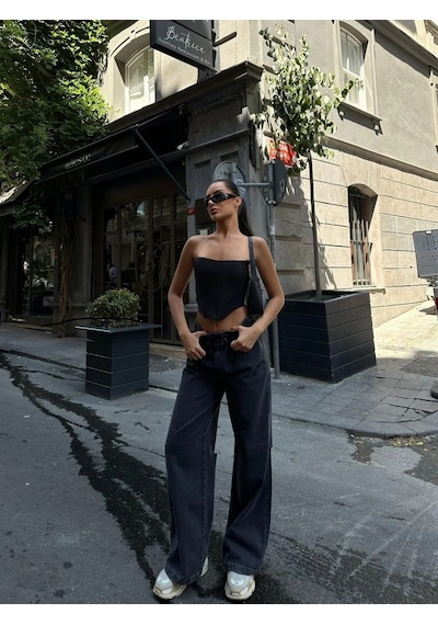 Tarzyeri Kadın Arkadan Yırtmaçlı Jeans Kot Palazzo Pantolon - Siyah Beyaz