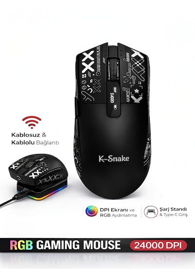Kablosuz Oyuncu Mouse 24000 Dpı 1000hz Rgb Şarj İstasyonlu Dijital Göstergeli Gaming Mouse Siyah
