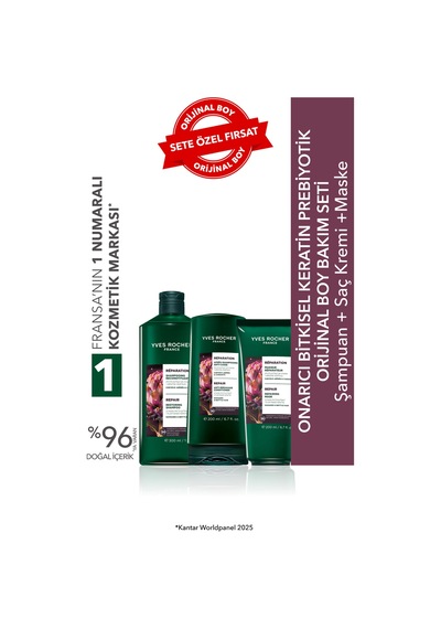 Yves Rocher Onarıcı Bitkisel Keratin Prebiyotik Orijinal Boy Bakım Seti -şampuan 300 Ml & Saç Kremi 200 Ml & Mas