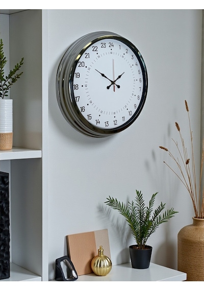 Krom 40 Cm Metal 24 Saat Göstergeli Özel Tasarım Duvar Saati