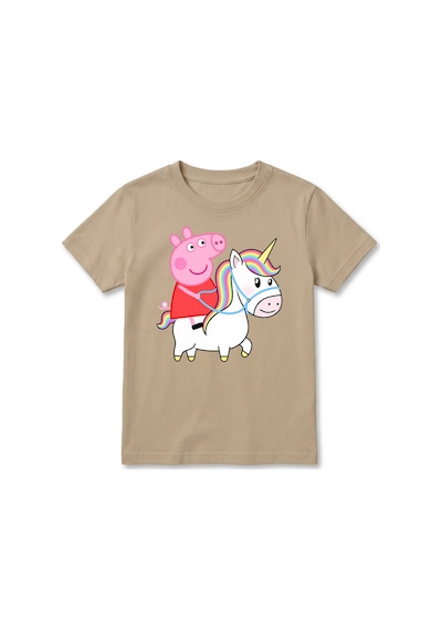 Urbantrendstore Peppa Pig Temalı Unisex Kız Çocuk Erkek Çocuk Bisiklet Yuvarlak Yaka Basic Kısa Kollu %100 Pamuk Tişört Bej