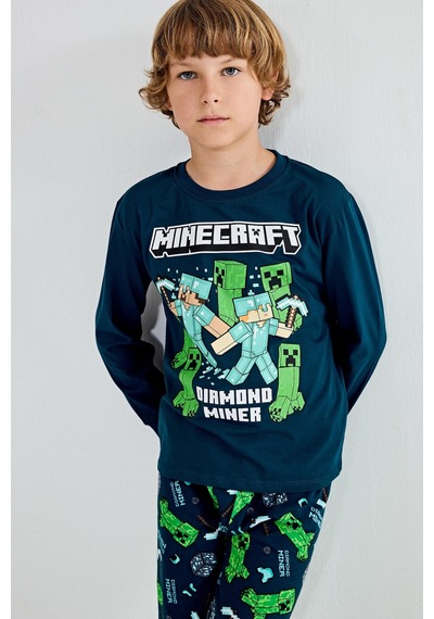Defacto Minecraft Diamond Miner Baskılı Uzun Kollu Üst Lastikli Paça Alt 2li Pijama Takımı Erkek Çocuk H6701a826augn614 Yeşil-gn614