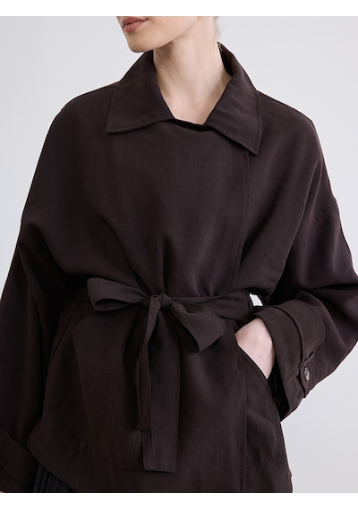Lcw Studıo Kahverengi Gömlek Yaka Kuşaklı Oversize Kadın Ceket