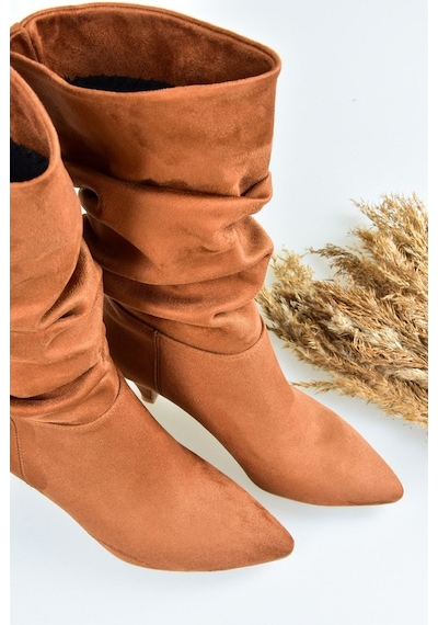 Fox Shoes Taba Süet Kısa Topuklu Büzgülü Kadın Bot L404810602