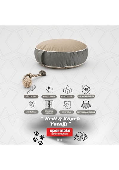 Xpermate Fermuarlı Kedi ve Köpek Minderi Yuvarlak Kedi Minderi Yıkanabilir Kedi Köpek Yatağı Bej - Gri