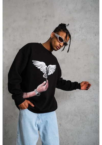 Erkek Güvercin Baskılı 3 İplik Bisiklet Yaka İpamuklu Sweatshirt - Siyah
