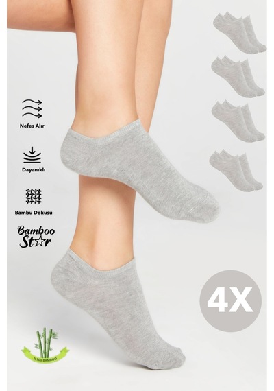 Bamboo Star Bambu Kadın Sneaker Gri Çorap Dikişsiz Bilekte Görünmez Spor Çorap Premium 4 Lü Paket
