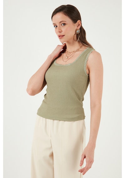 Lela Slim Fit Kalın Askılı Dantelli Kare Yaka Bürümcük Bayan Atlet 5864979 Olive