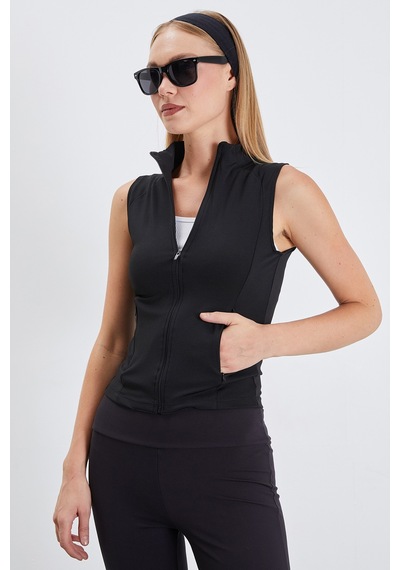 Fullamoda Dik Yaka Dalgıç Kumaş Slim Fit Yelek Siyah