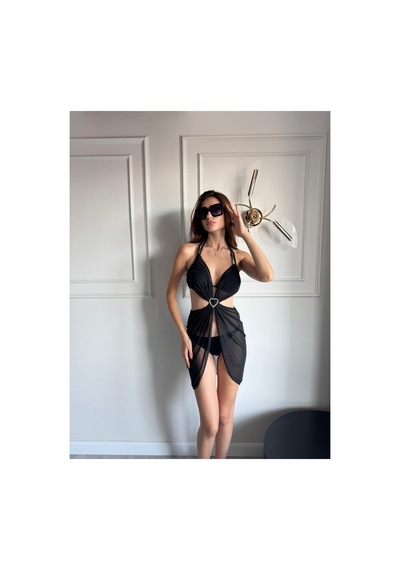 Gugus 3-lü Bikini Takımı / Kalpli Pareo + Alt Bikini + Üst Bikini Siyah