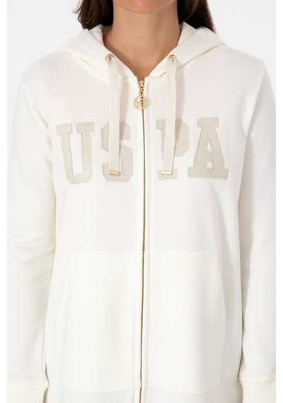 U.S. Polo Assn. Kadın Krem Uzun Fermuarlı Kapüşonlu Basic Sweatshirt 50307724-VR256