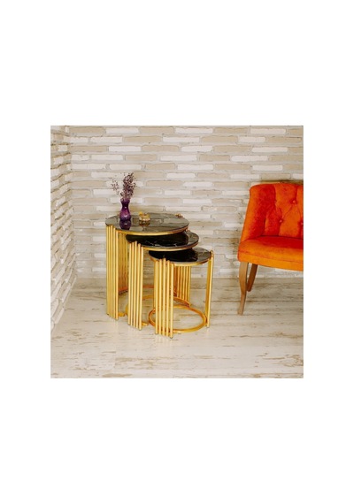 Lioon Art Piano 3lü Zigon Sehpa Gold Metal Sehpa Siyah Mermer Desen Gold