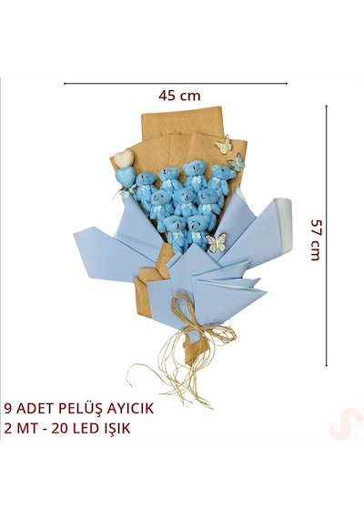 9 Pelüş Ayıcıklı Ve Led Işıklı Buket, 57cm X 45cm - Mavi