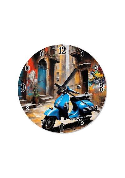 Mavi Vespa Ve Eski Sokak Baskılı Duvar Saati Çok Renkli