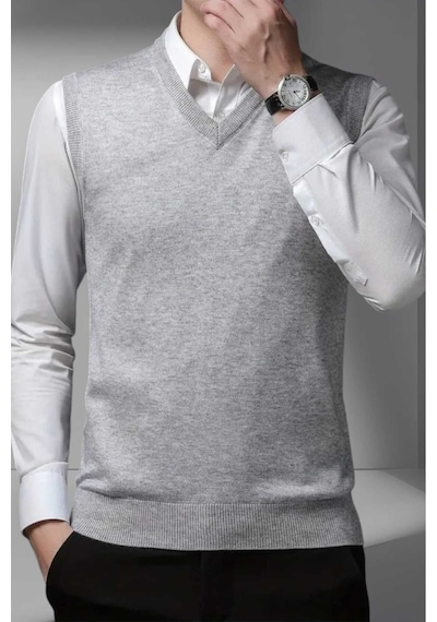 Tezzgelsin Erkek V Yaka Triko Tüylenmez Süveter Erkek Slim Fit Süveter Gri