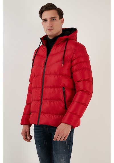 Buratti Peluş Astarlı Kapüşonlu Fermuarlı Slim Fit Şişme Erkek Mont 5762010 Kırmızı