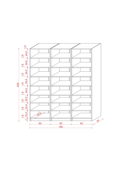 Asra Trend K-24 %100 MDF 180 cm 3 Modüllü Kitaplık 21 Raflı Dev Kütüphane Petra