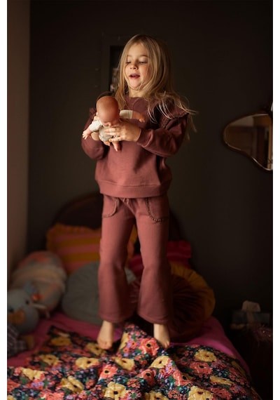 Antebies Organik Gots Sertifikalı Bordo, Dantel Detaylı, Uzun Kollu Ribanalı Kız Çocuk Sweatshirtü