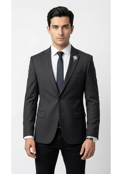 Plus Scorpion Erkek Blazer Ceket Twill Dokuma Likralı Notch Yaka 1 Düğmeli Çift Yırtmaçlı Slim Fit Siyah