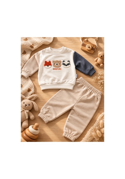 Omeca Concept Hayvan Figürlü Erkek Bebek 2 Li Sweatshirt Eşofman Takımı Bej