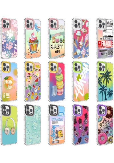 Apple  Uyumlu iPhone 12 Pro Max Kılıf Kamera Korumalı Renkli Desenli Sert Silikon Korn Kapak