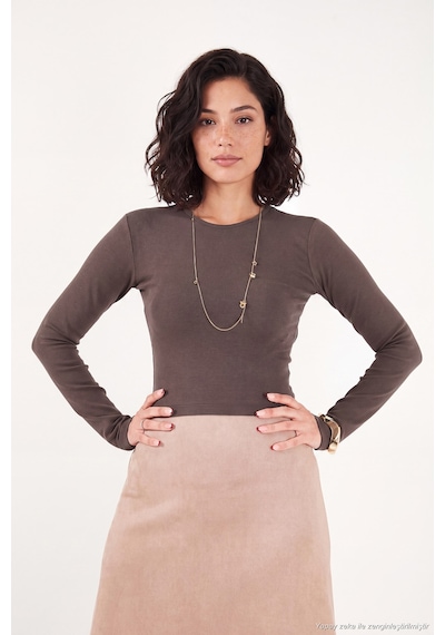 Lela Pamuklu Bisiklet Yaka Crop Bluz Kadın Bluz 5867060 Kahve