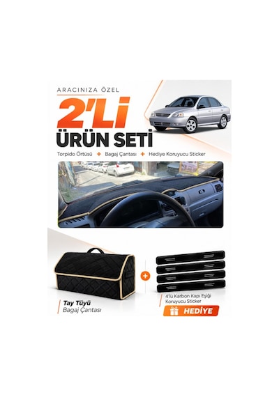 Kia Rio 2000-2005 Uyumlu Torpido Örtüsü + Tay Tüyü Bagaj Çantası + Sticker Seti - Siyah Bej