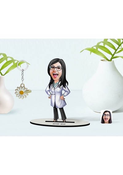Kişiye Özel Kadın Doktor Karikatürlü 3D Ahşap Biblo Ve Isimli Gol