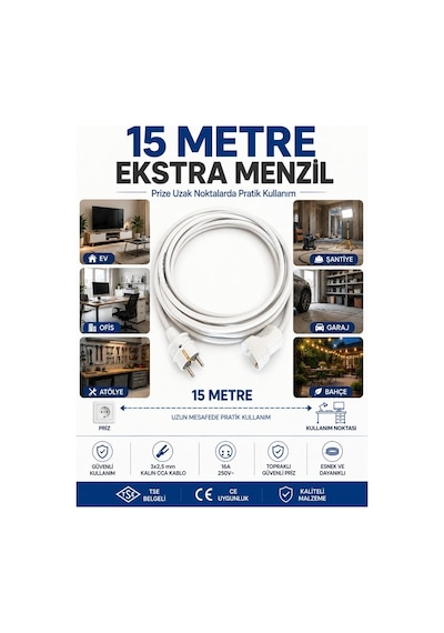 Viko Seyyar Uzatma Kablosu 15 Metre 3x2.5 Mm Cca Kablo Viko Erkek Dişi Fiş Klemensli Terminalli Topraklı Tse Ce Belgeli 15 M