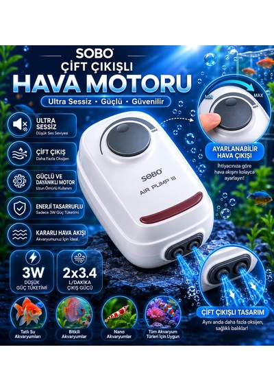 Akvaryum Hava Motoru - Çift Çıkışlı - Ultra Sessiz - Ayarlanabilir Hava Çıkışı - Ar-10 - 3w - 2x3.4lt/dakika