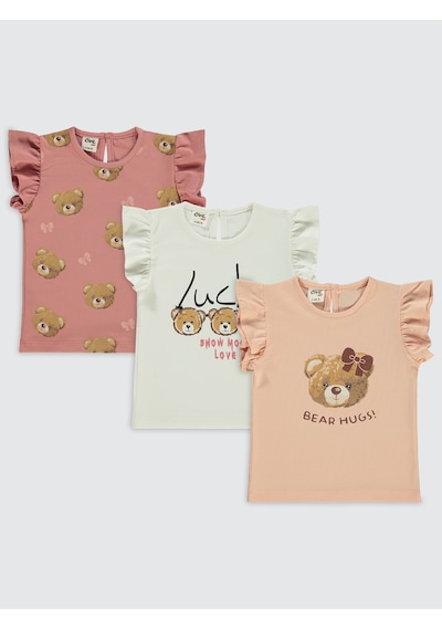 Civil Baby Kız Bebek 3'lü Tişört Set 6-18 Ay Somon