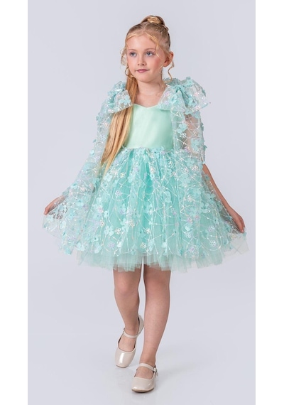 Mnk Baby & Kids Çiçek Brode Desen İmeros Kız Abiye M00736 Mint Yeşili