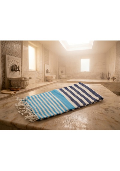 Ludıa Çizgili Desen %100 Pamuk Peştemal Havlu 100x190 Cm Büyük Boy Mavi-beyaz-lacivert