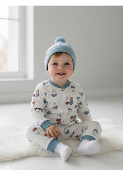 Zekids Erkek Bebek Pamuklu Tavşan Desenli Çıtçıtlı Pijama Takımı-16849 Çok Renkli