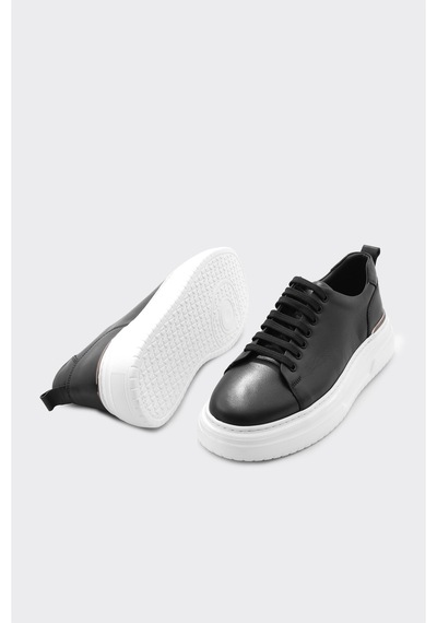 Derinet Hakiki Deri Bağcıklı Yüksek Taban Erkek Sneaker Siyah Beyaz Siyah Beyaz