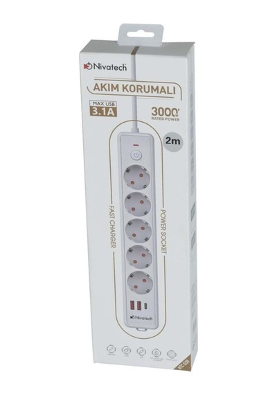 Nivatech Ntc-5220 3000w Akım Korumalı 3 Lü Priz Usb-a + Usb-c Hızlı Şarj 2 M