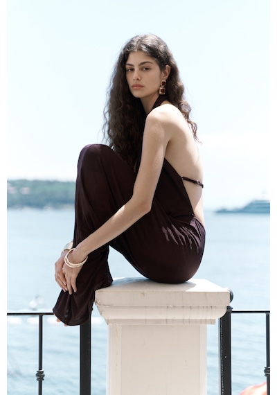 Mai Collection Mai Studios Co. Fahmin Degaje Yaka Kahve Uzun Elbise Kahve