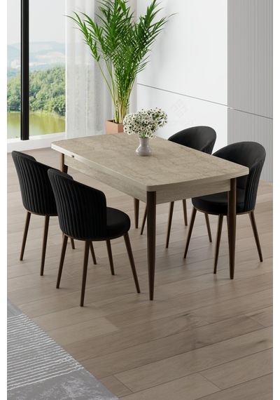 Canisa Asfel Serisi Mdf 77x130 Traverten Yandan Açılabilir Mutfak Masası Takımı 4 Siyah Sandalye Traverten Masa Siyah Sandalye