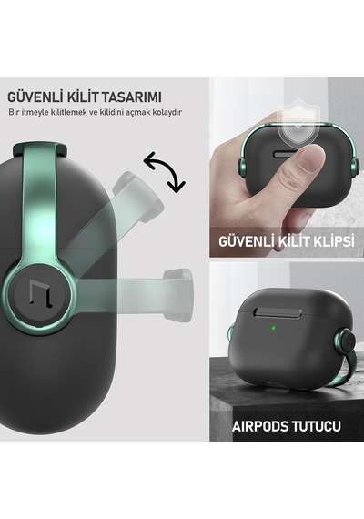Airpods 4 Uyumlu Djpods Sert Malzemeli Dayanıklı Koruyucu Kilitli Kapak Askı Aparatlı Kılıf Siyah - Yeşil