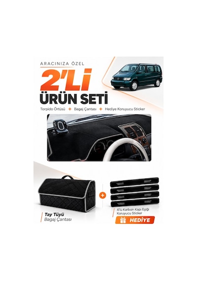 E-biz Mercedes Vıto W638 1996-2003 Uyumlu Torpido Örtüsü + Tay Tüyü Çanta - Siyah-gri - Mb024