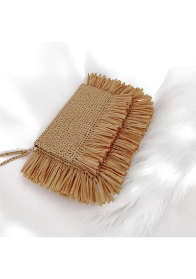 Boho Püsküllü Rafya Çanta El Yapımı Yazlık Hasır Kadın Clutch