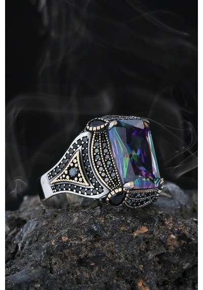 Mistik Topaz Ve Zirkon Taşlı Motifli Gümüş Erkek Yüzük