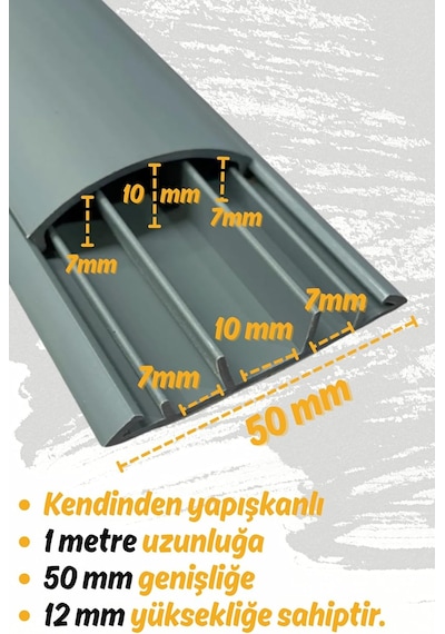 1m Kendinden Yapışkanlı 50x12mm Gri Balık Sırtı Kablo Kanalı 1 Metre