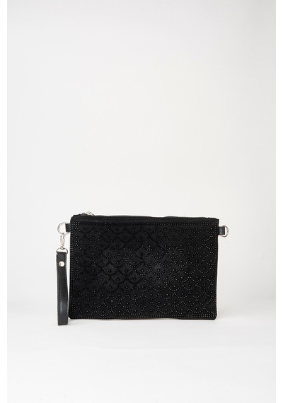 Vivaq Kadın Balık Siyah Taşlı Süet Bilek Askılı Ve Zincir Askılı Portföy El Ve Clutch Çanta SİYAH