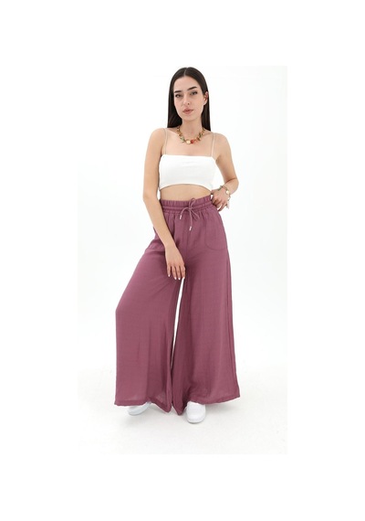 Wpr Geniş Kemerli Bol Paça Düz Keten Kadın Pantolon - Lila-lila Lila Wpr Geniş Kemerli Bol Paça Düz Keten Kadın Pantolon - Lila-lila Lila